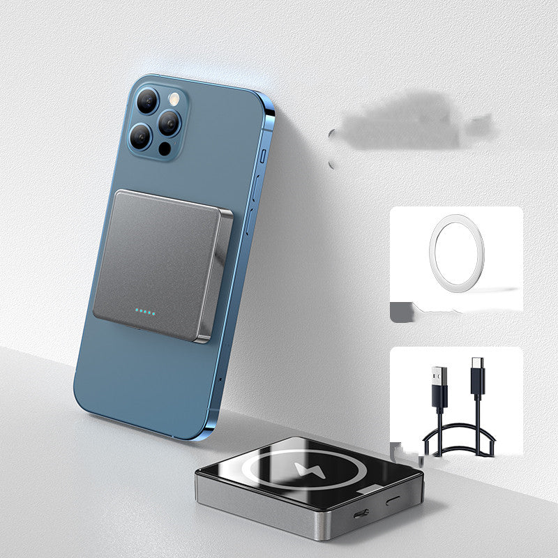 ATEILUJ PowerSnap MagSafe Power Bank magnetically attached to a blue smartphone.