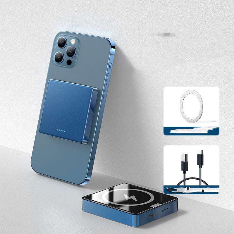 ATEILUJ PowerSnap MagSafe power bank magnetically attached to a blue smartphone.