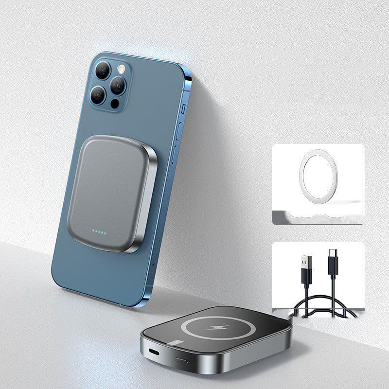 ATEILUJ PowerSnap MagSafe Power Bank charging a blue smartphone wirelessly.