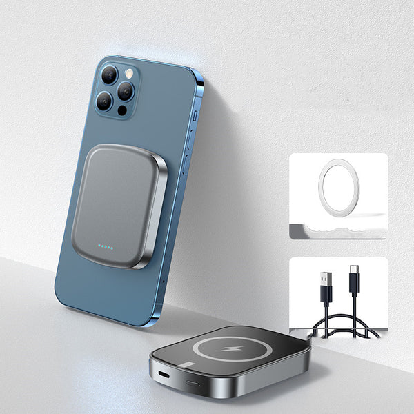 ATEILUJ PowerSnap MagSafe Power Bank charging a blue smartphone wirelessly.