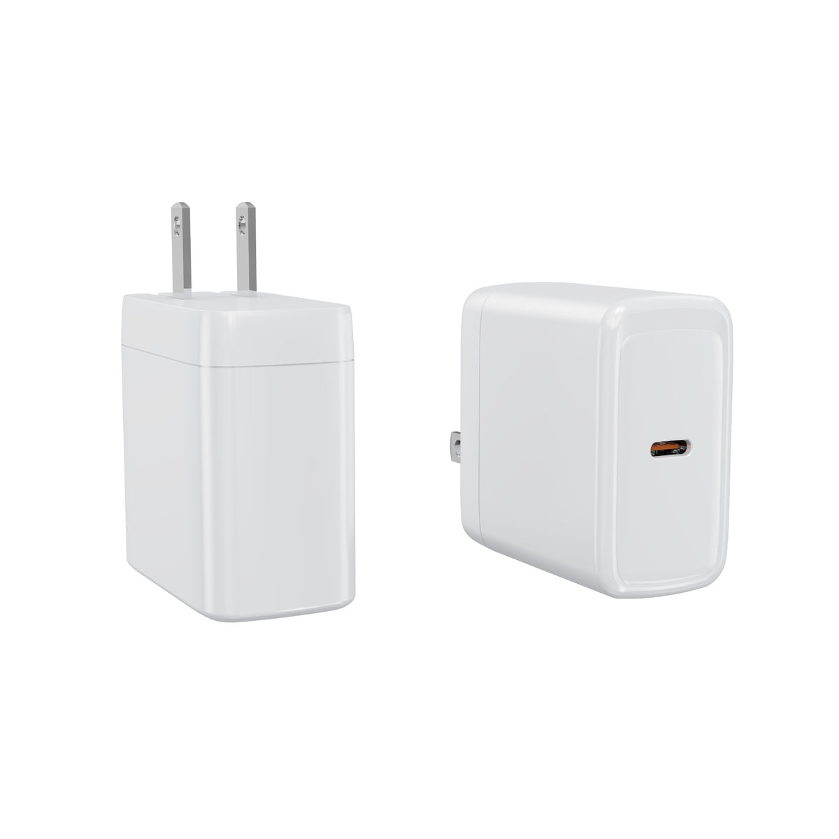 Two views of a white ATEILUJ PowerBrick 65W GaN fast charger with US plug and USB-C port.