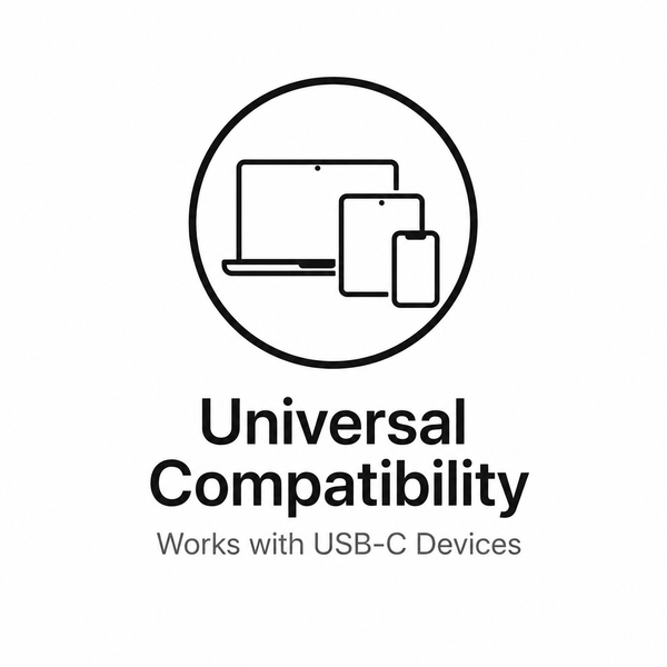 Universal compatibility icon showing laptop, tablet, and smartphone for USB-C devices.