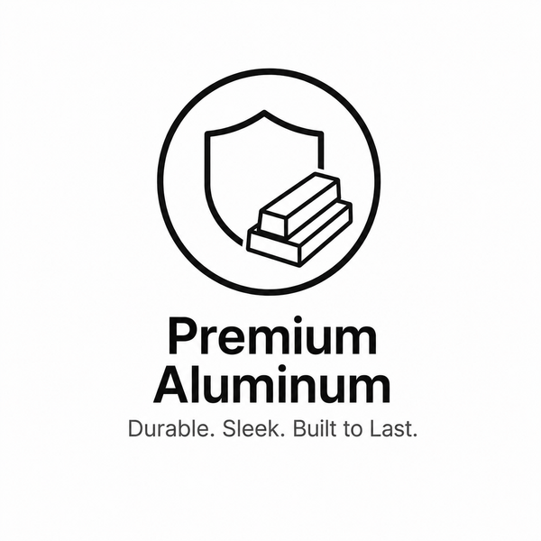 Premium aluminum icon featuring a shield and metal bars for durable, sleek construction.