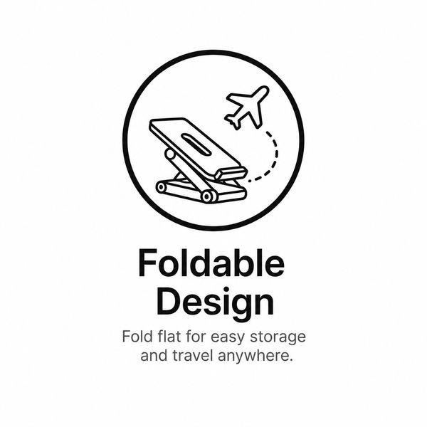 Icon showing a foldable design for easy storage and travel with an airplane symbol.